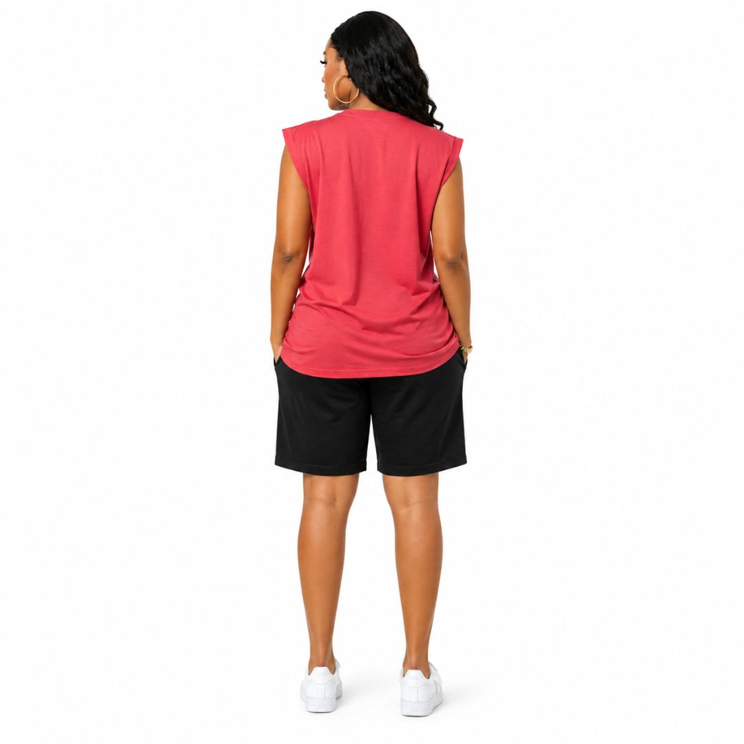 Red Love Print Sleeveless Casual Top and Black Lounge Shorts Set